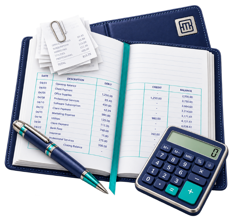 Organized bookkeeping ledger and receipts with calculator