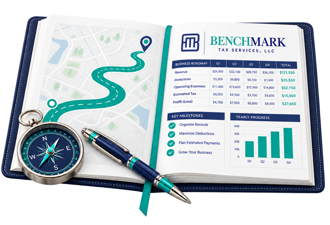 Open Benchmark financial road book with route map, compass, and financial charts
