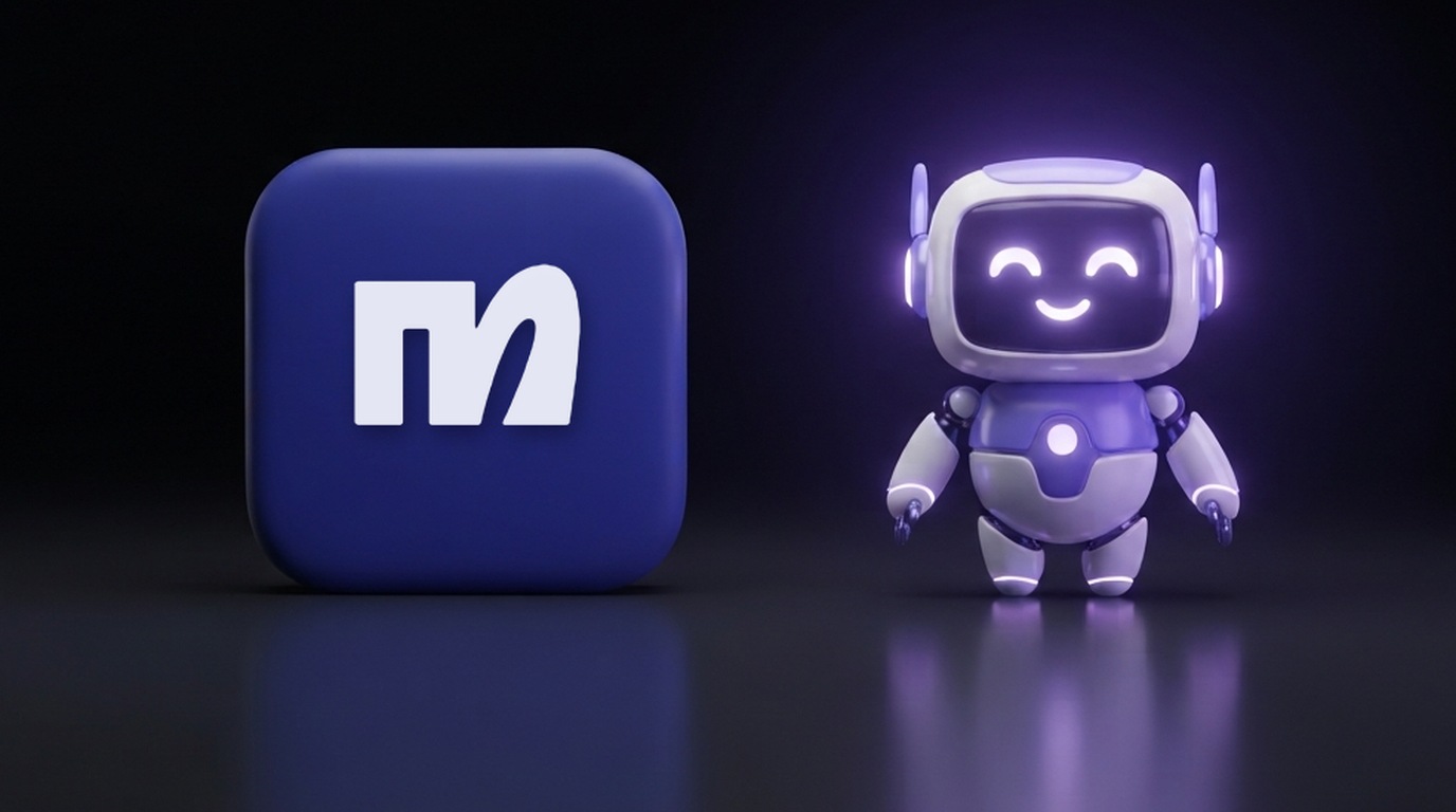 Ícono de ManyChat frente a un robot de inteligencia artificial