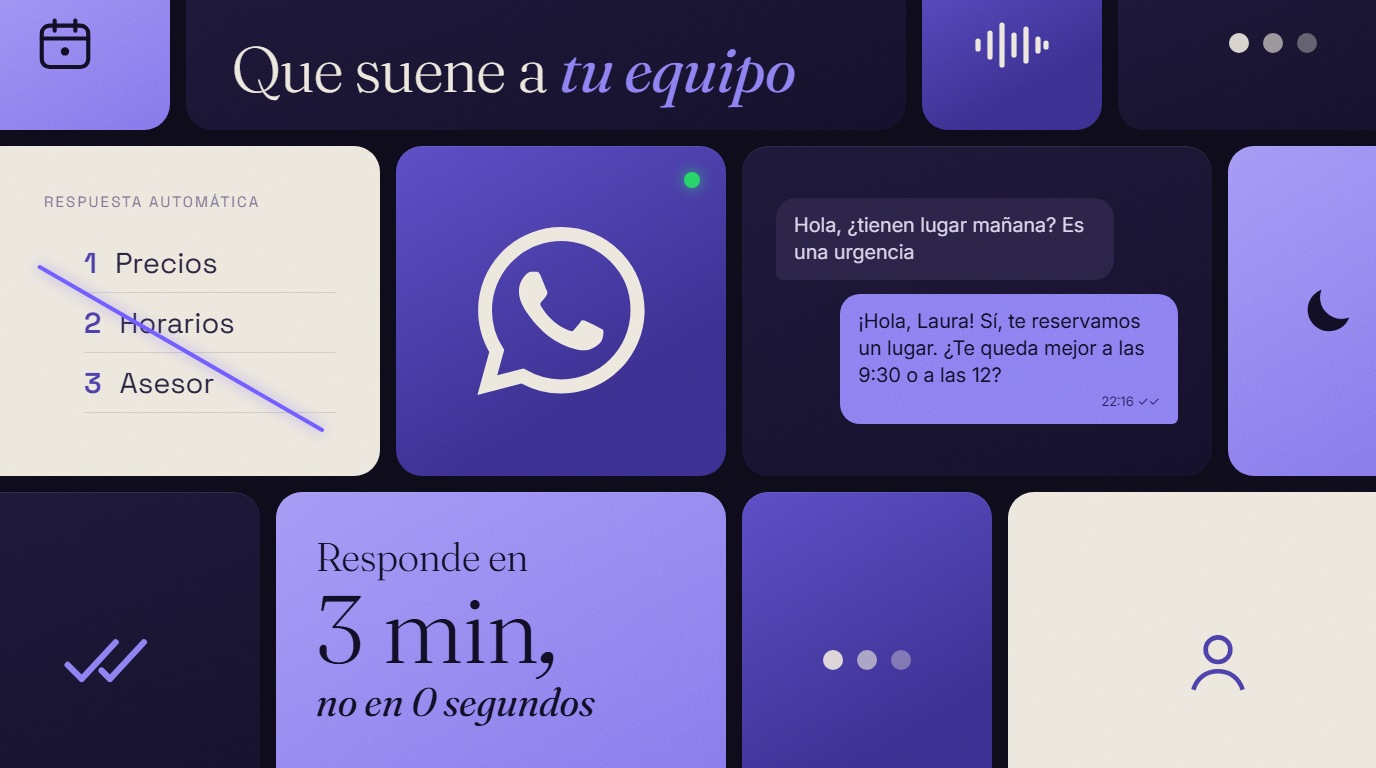 Collage de fichas con el ícono de WhatsApp, un menú automático tachado y una conversación cálida con un cliente