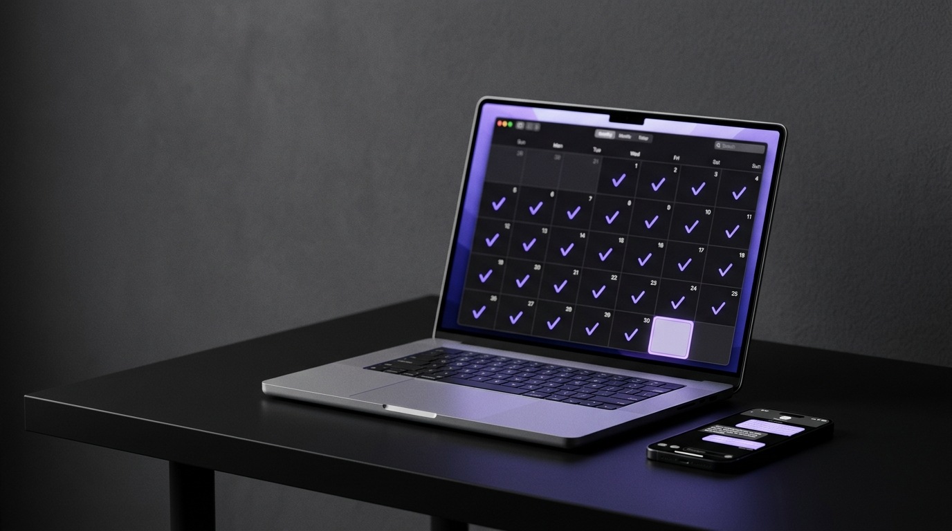 Laptop sobre un escritorio negro con un calendario digital de 30 días completados y un celular con una conversación respondida