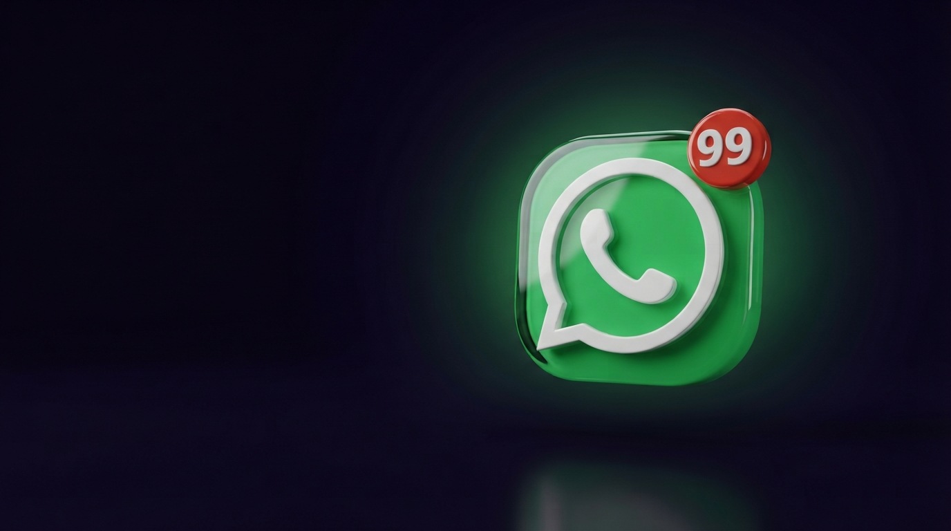 Ícono 3D de WhatsApp con 99 mensajes sin leer sobre un fondo oscuro