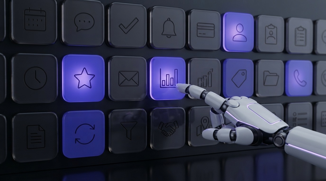 Mano robótica activando una pared de tareas en fichas de vidrio iluminadas