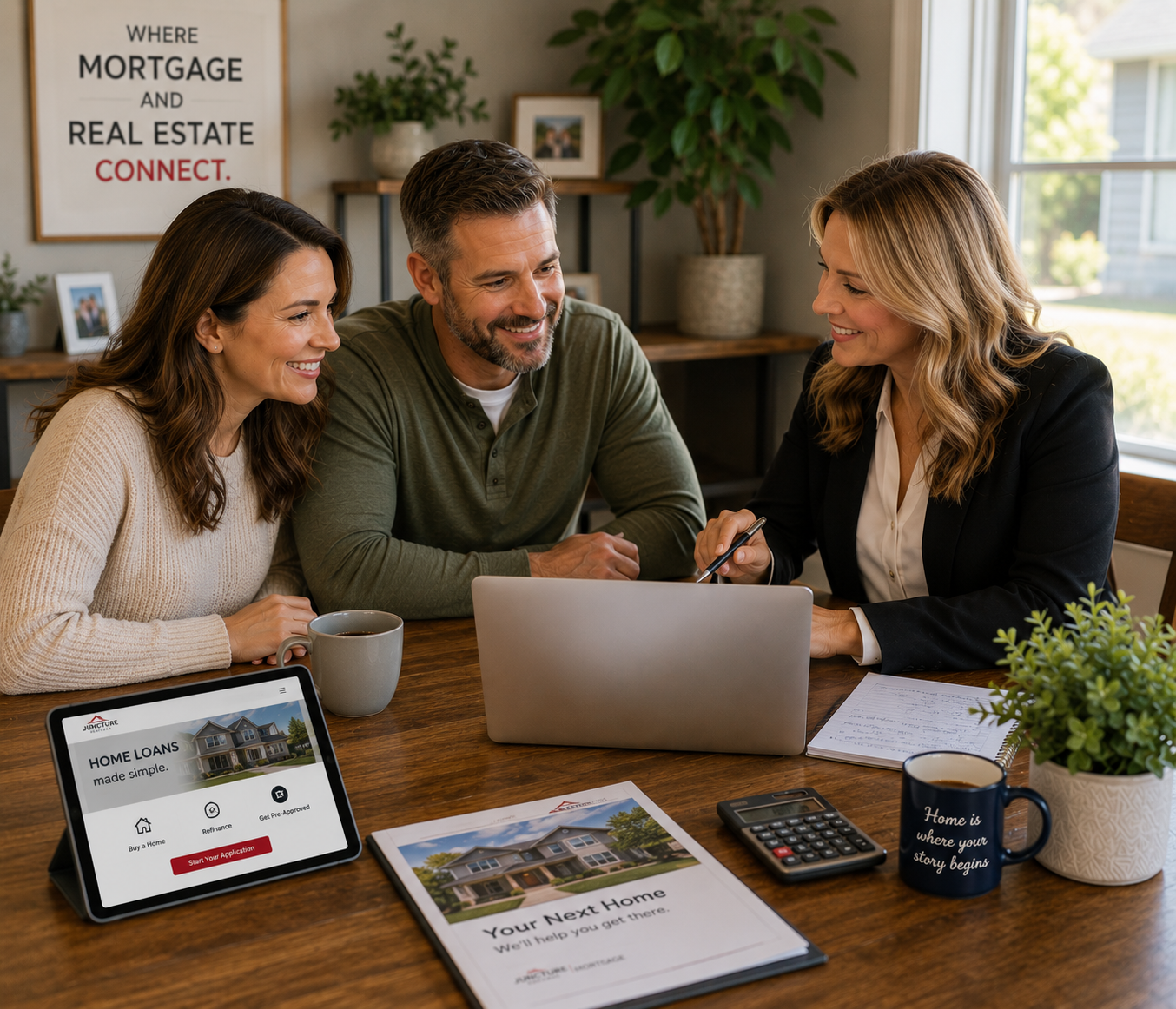 Mortgage professional helping a couple use online mortgage tools
