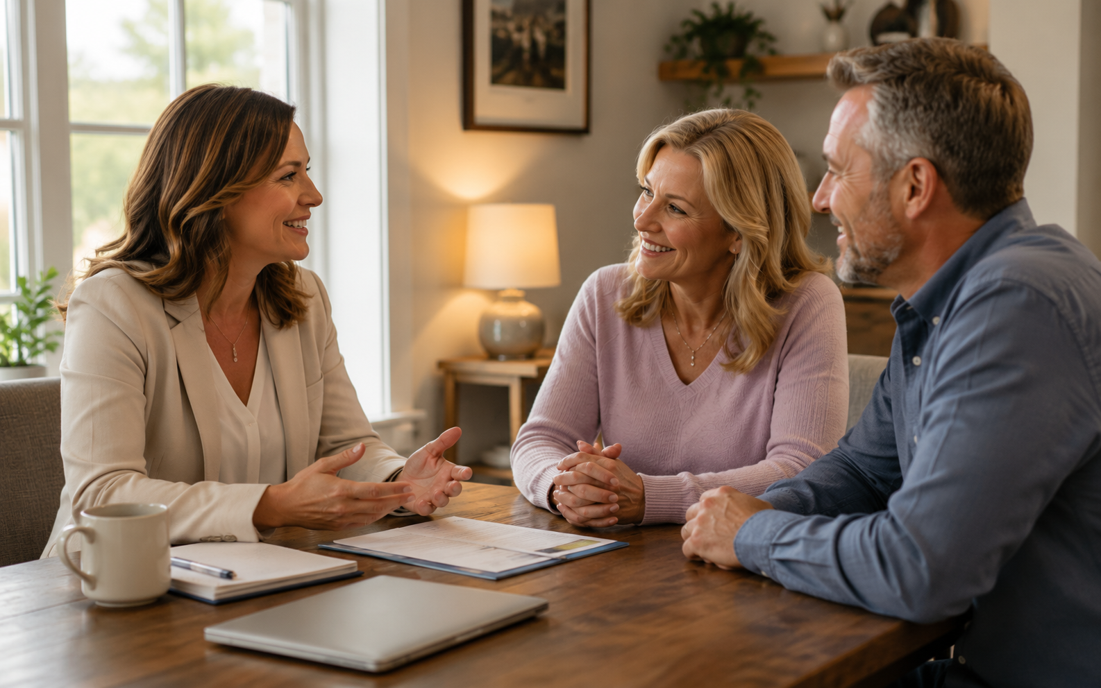 Mortgage professional having a comfortable conversation with a couple