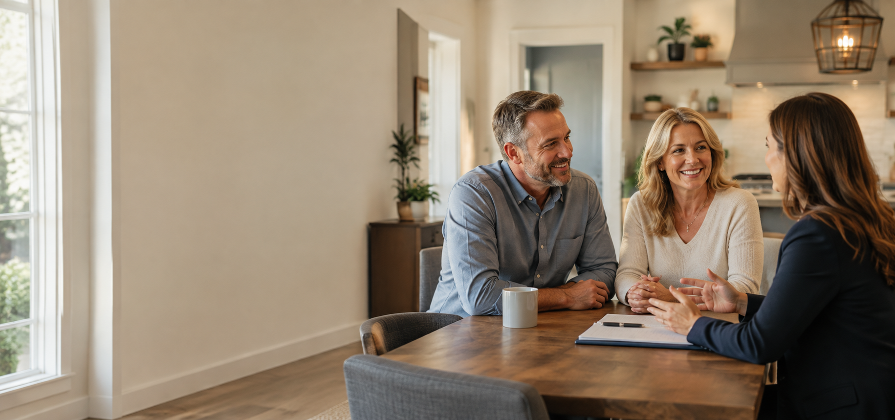 Couple having a relaxed mortgage conversation with a lending professional