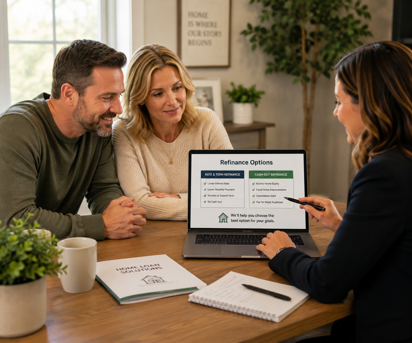 Homeowners reviewing refinance options with a mortgage professional