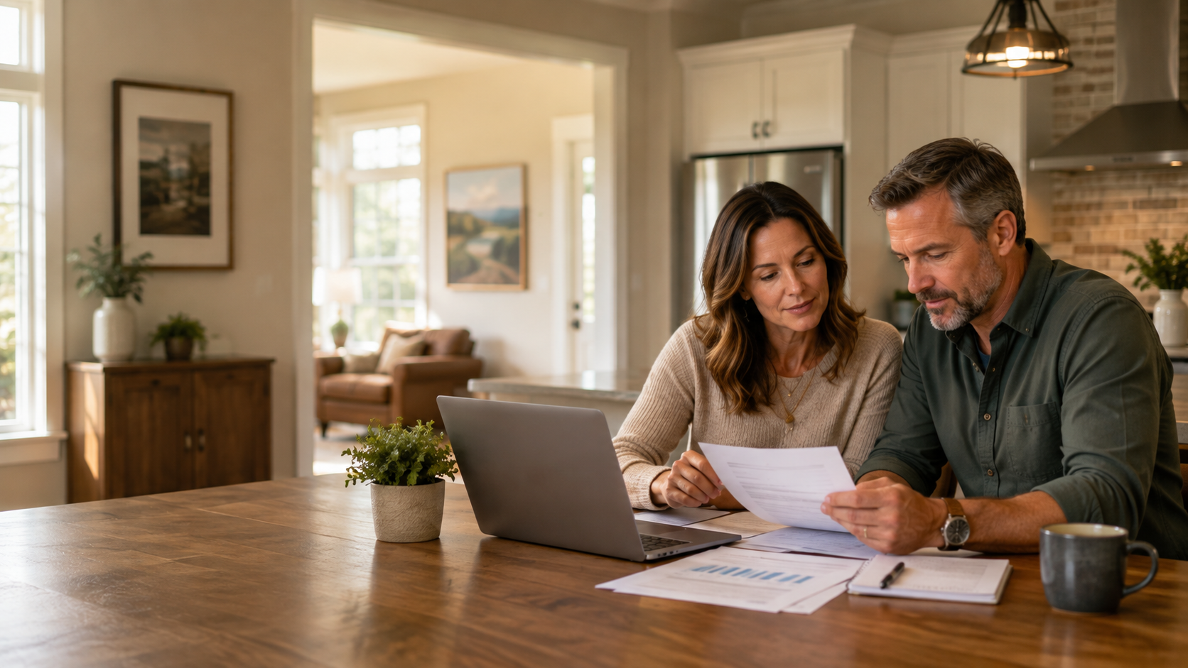 Homeowners reviewing mortgage refinance information together at their kitchen table