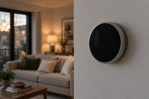 Round smart thermostat on a living room wall