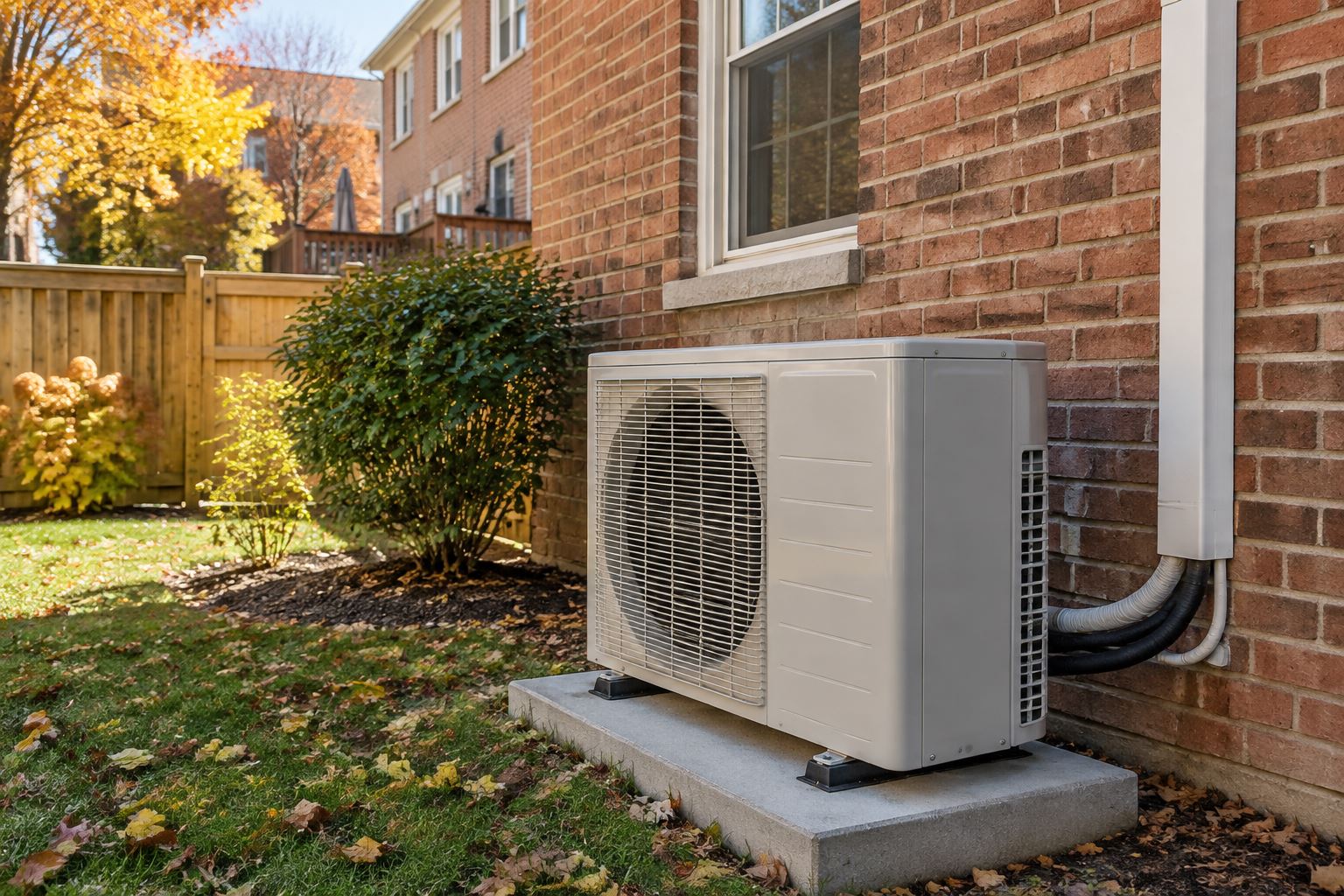 Heat pump outdoor unit on a concrete pad beside a brick townhouse