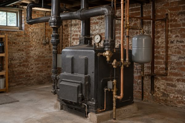 Older cast-iron gas boiler with black iron piping in a rowhouse basement