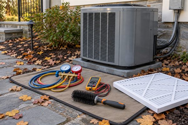 HVAC service tools, gauges and a new air filter beside an outdoor heat pump