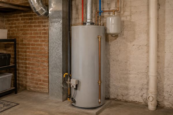 Gas tank water heater with copper supply lines and an expansion tank in a basement utility room