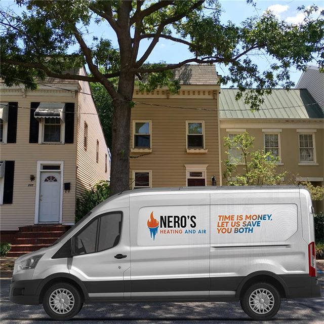 A white Nero's Heating and Air service van parked on a street of DC rowhouses