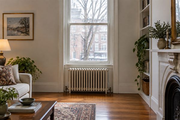 Cast-iron hot-water radiator beneath a window in an older rowhouse