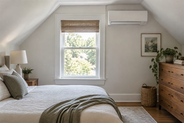 Ductless mini-split indoor unit mounted high on a finished attic bedroom wall