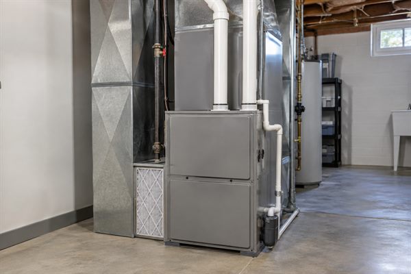 High-efficiency gas furnace with PVC vent pipes and sheet-metal ductwork in a basement