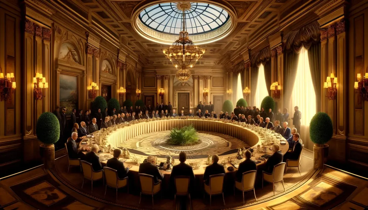 Men seated around an extravagant conference table