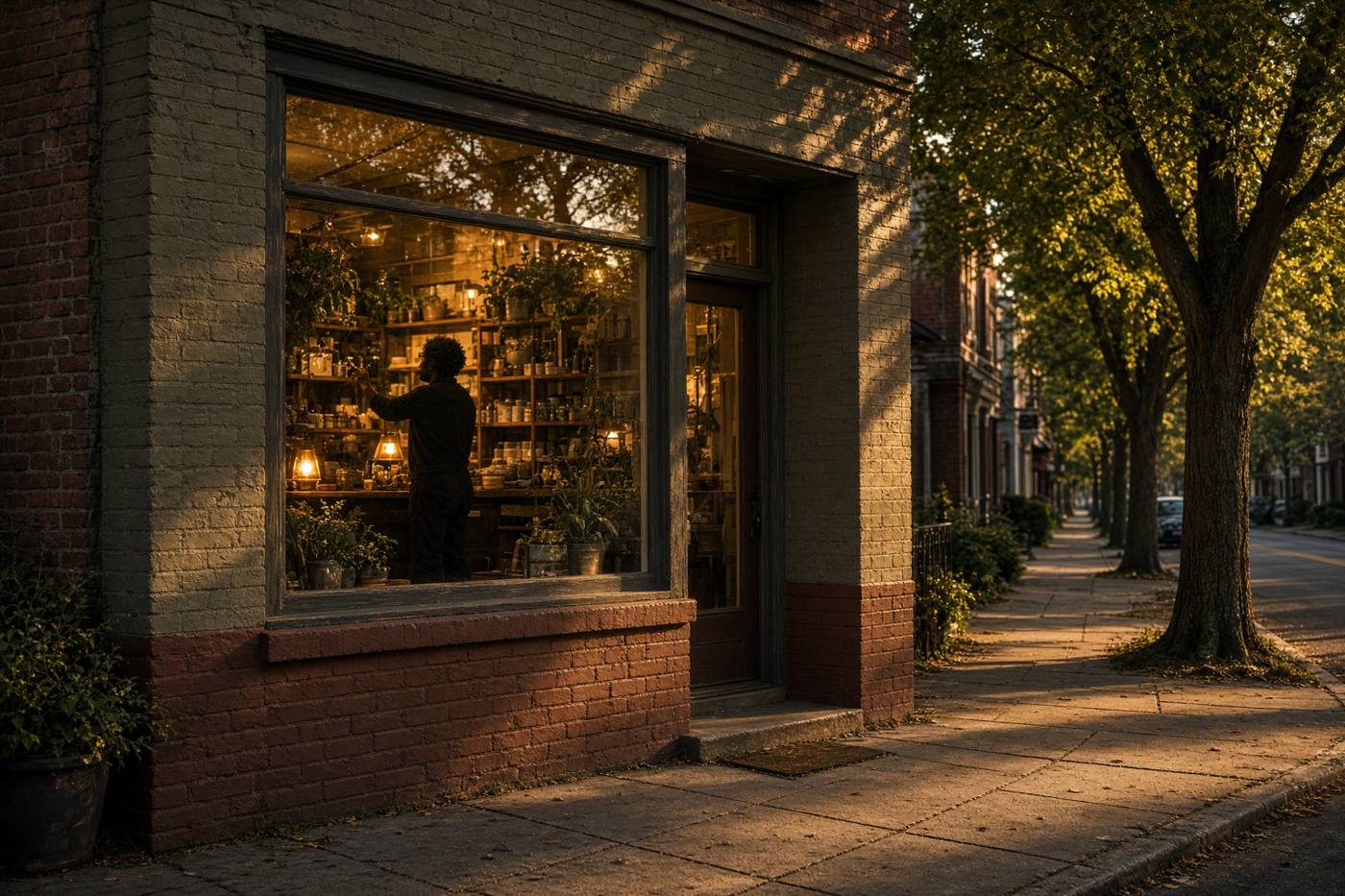 Independent storefront at dusk