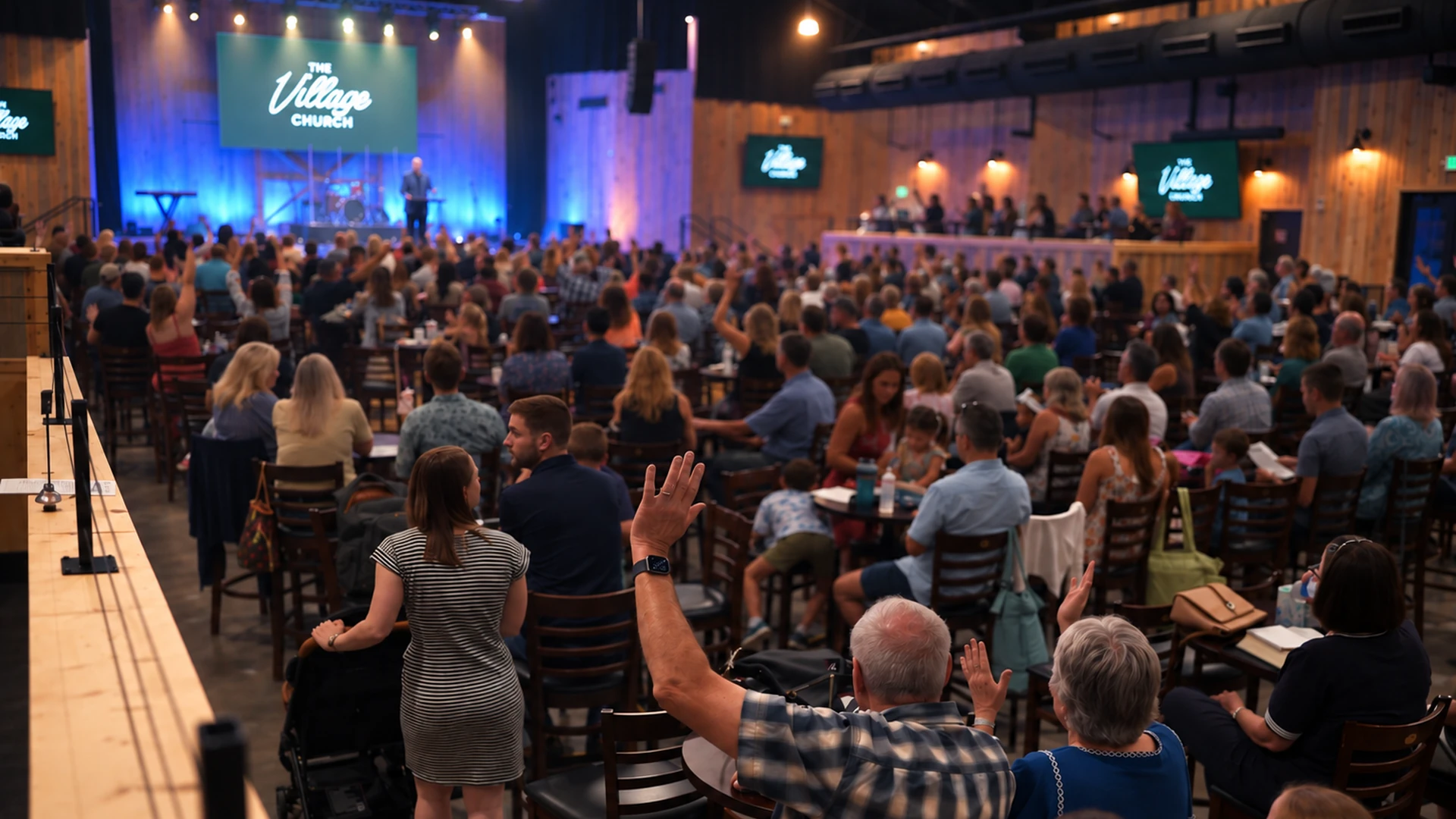 Congregation gathered for Sunday worship at the Phil Long Music Hall