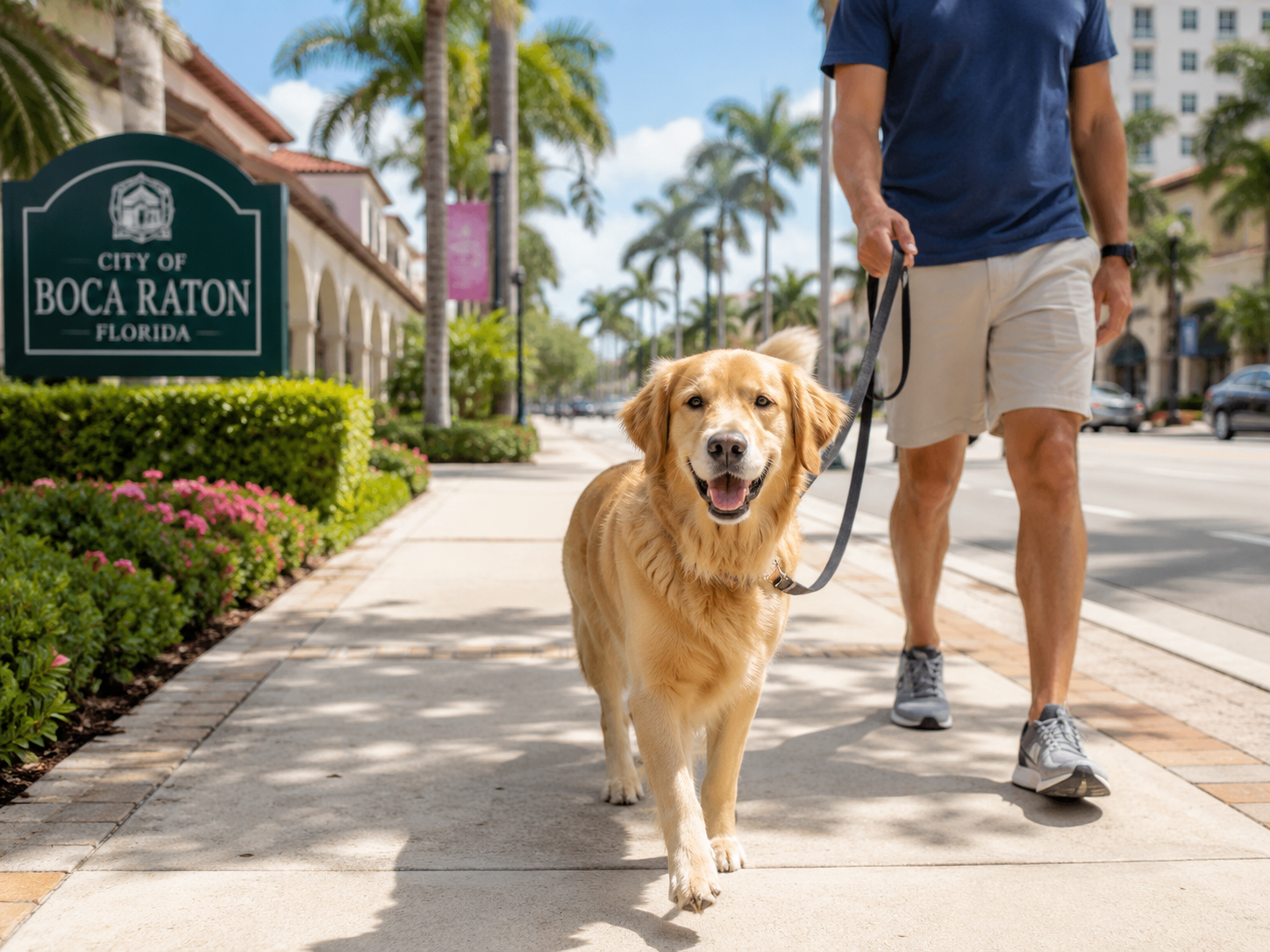 Well trained dog walking with owner in downtown Boca Raton