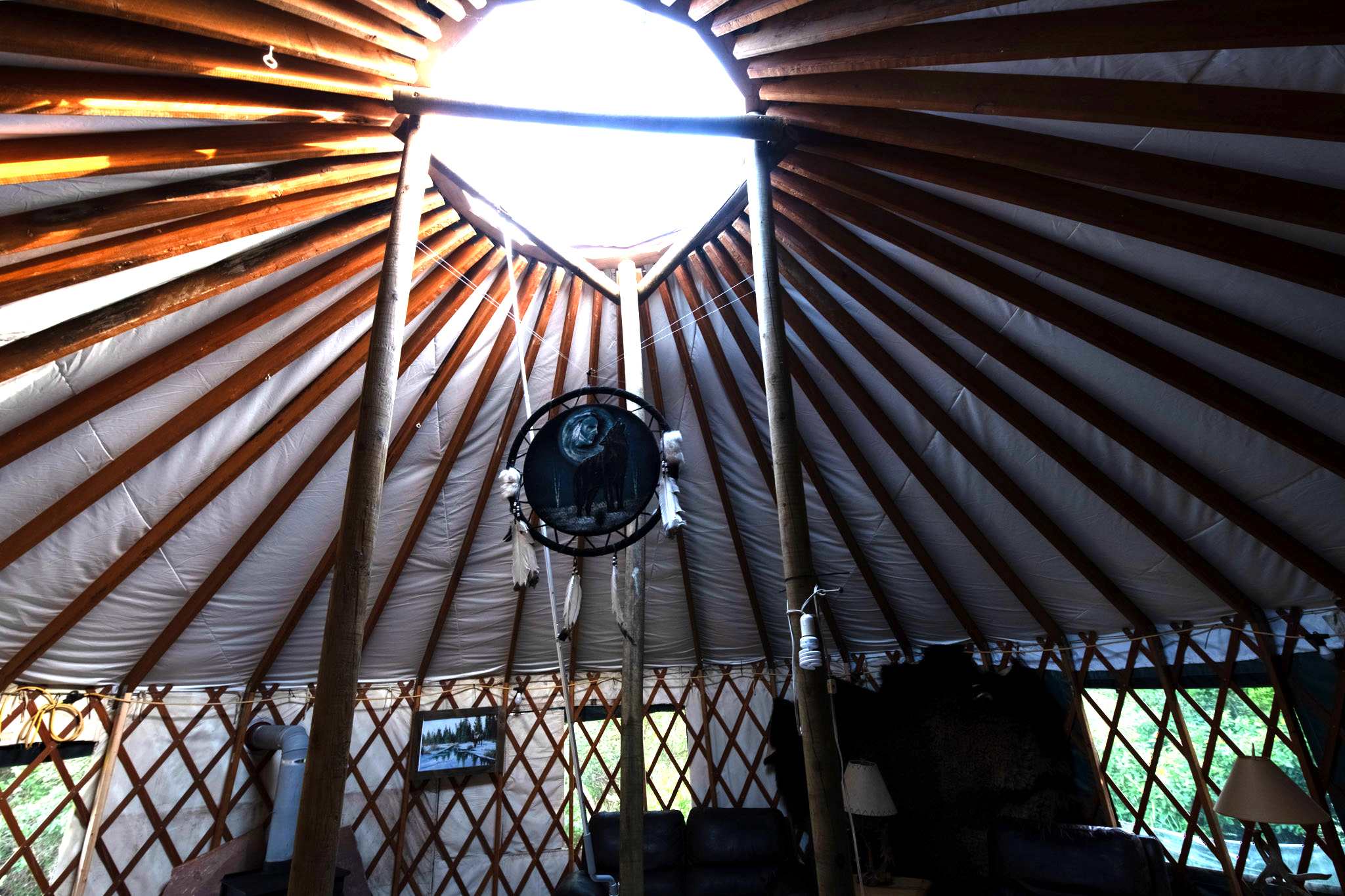 The yurt's glowing dome skylight