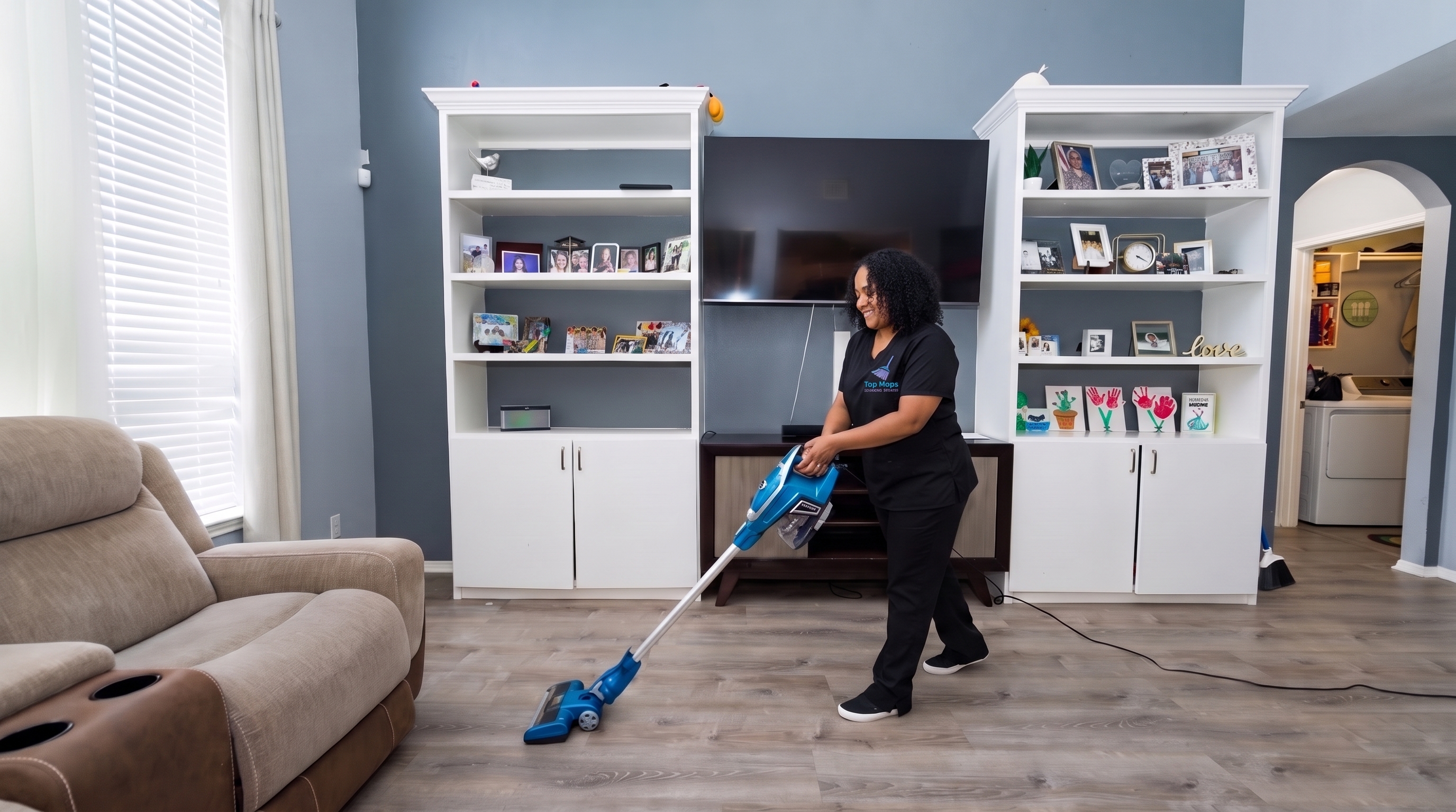 Top Mops Cleaning Service cleaning technician vacuuming a living room
