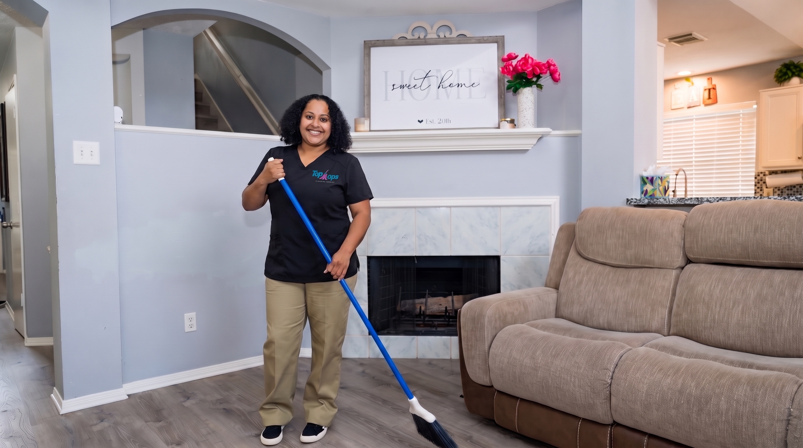 Top Mops Cleaning Service technician sweeping a living room