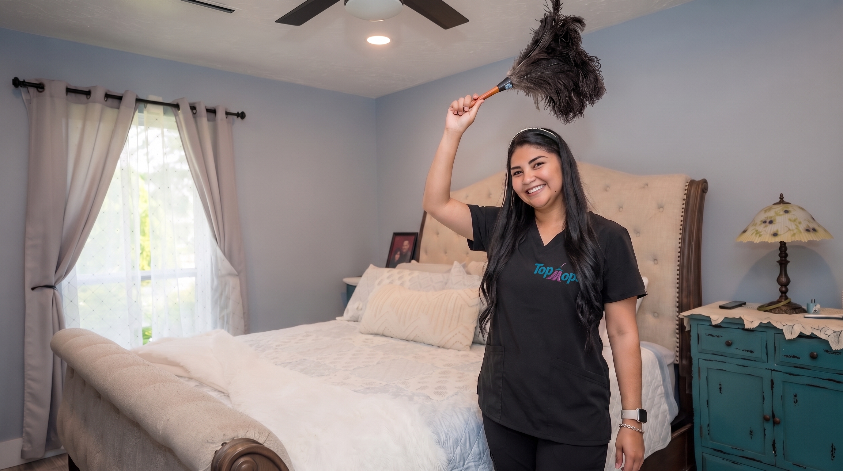 Top Mops Cleaning Service cleaning technician dusting a bedroom