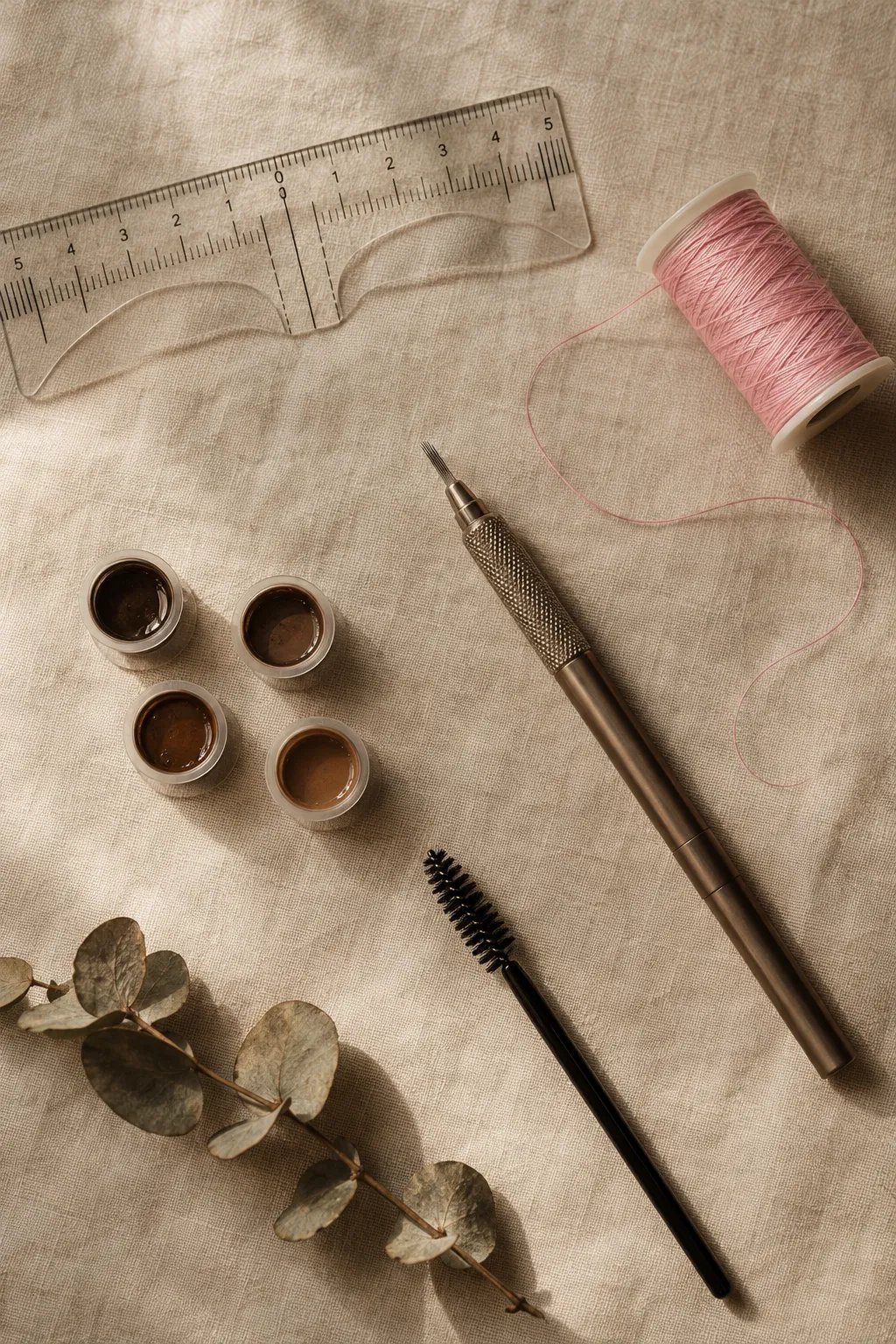 Brow mapping ruler, mapping thread, microblading pen and pigment cups on linen