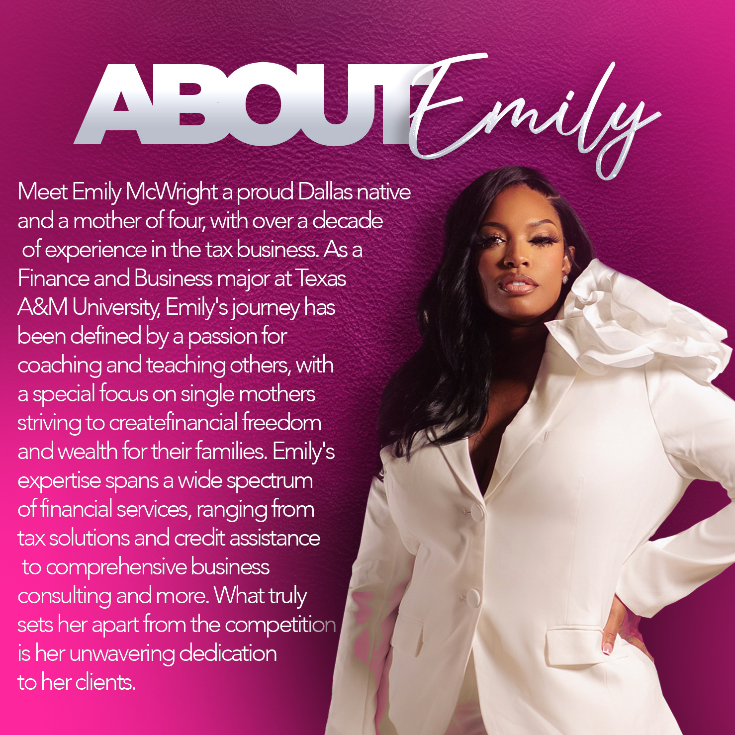 Meet Emily McWright, a prod Dallas native and a mother of four, with over a decade of experience in the tax business.