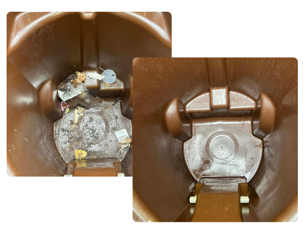 Dirty trash bin before cleaning compared with sanitized trash can after professional cleaning service.