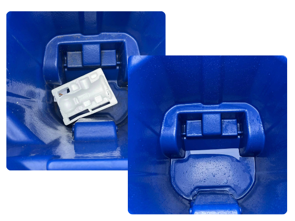 Before and after professional trash can cleaning showing sanitized blue bin interior.