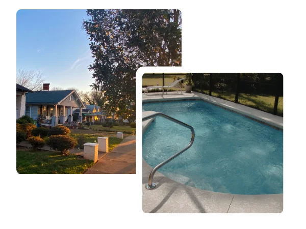 A split image showing a suburban street scene at sunset on the left, and a bright blue swimming pool on the right.