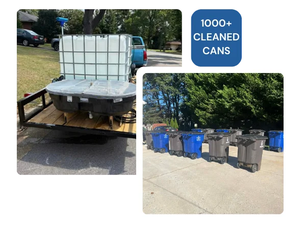 A mobile can cleaning setup on a trailer and a separate image of numerous cleaned trash bins lined up on a paved surface.