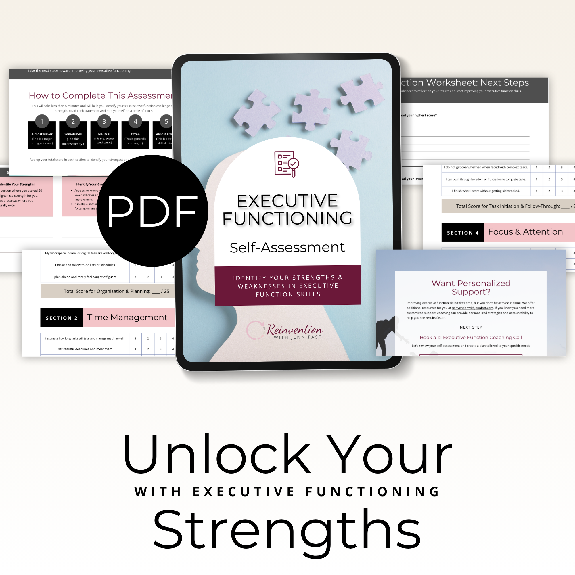 Product mockup of the Reinvention with Jenn Fast Executive Functioning Self-Assessment PDF, showing the cover and interior pages including rating scale sections on Time Management, Focus & Attention, and Organization & Planning, with the tagline "Unlock Your Strengths with Executive Functioning."