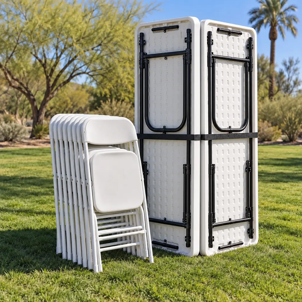 Folded tables and stacked chairs on the grass