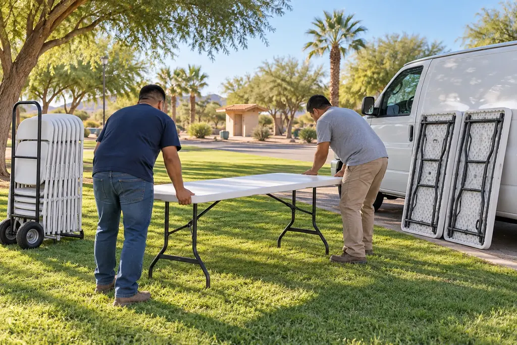 Furniture delivery: two people unfolding a table next to the van