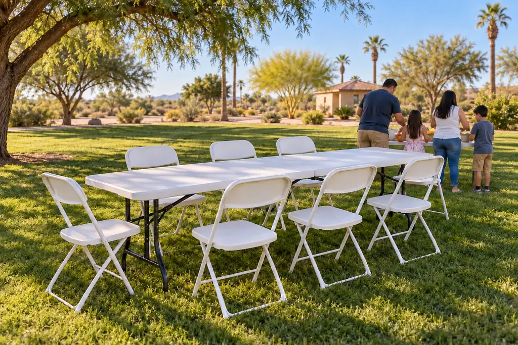 Tables and chairs set up for an outdoor party