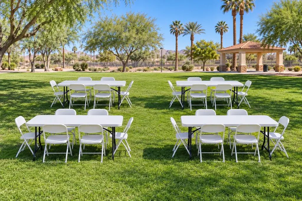 Four table and chair sets spread across a park lawn