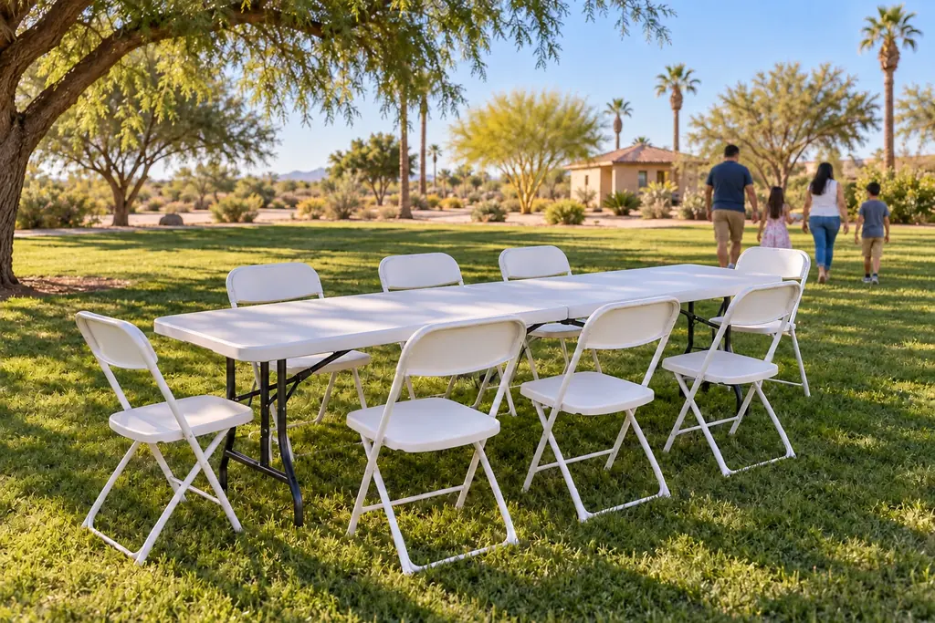 Family spending time together by the tables at a Yuma park