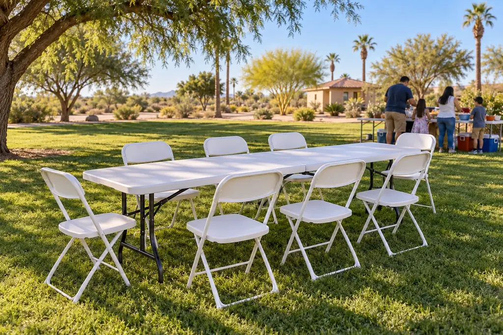 Tables and chairs set up in the shade while a family gets the food ready
