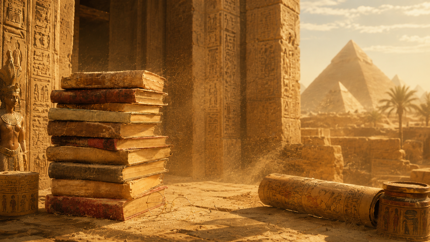 Ancient books and scrolls in an Egyptian temple with the pyramids beyond