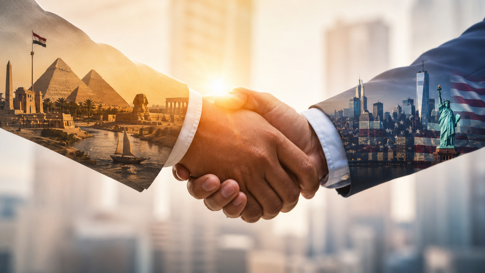 Handshake linking the pyramids of Egypt and the New York skyline