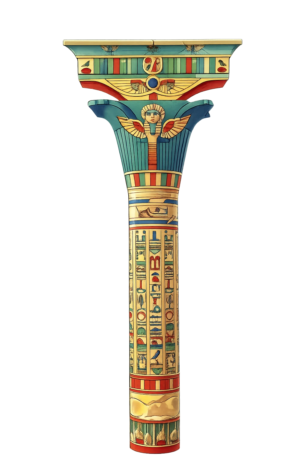 Ancient Egyptian lotus column painted with hieroglyphs