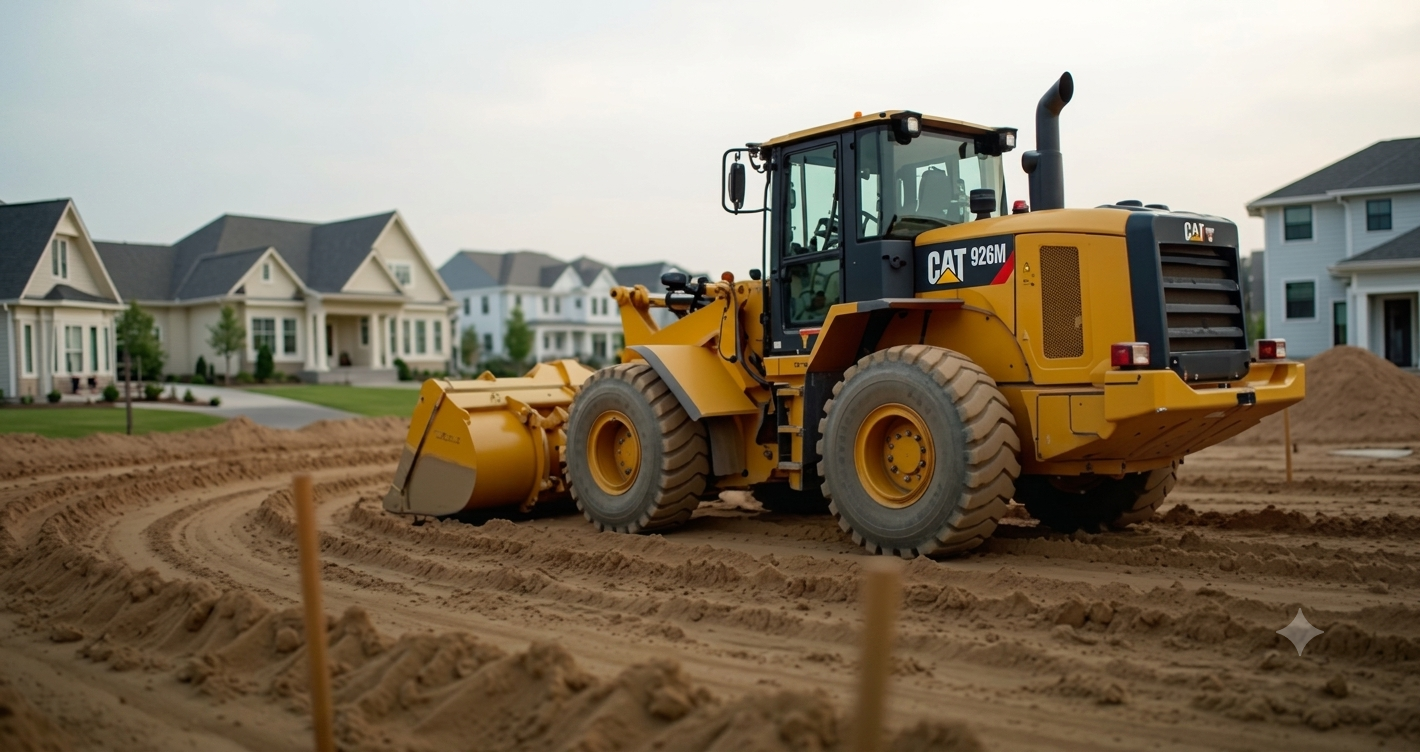 Heavy equipment grading and preparing a construction site