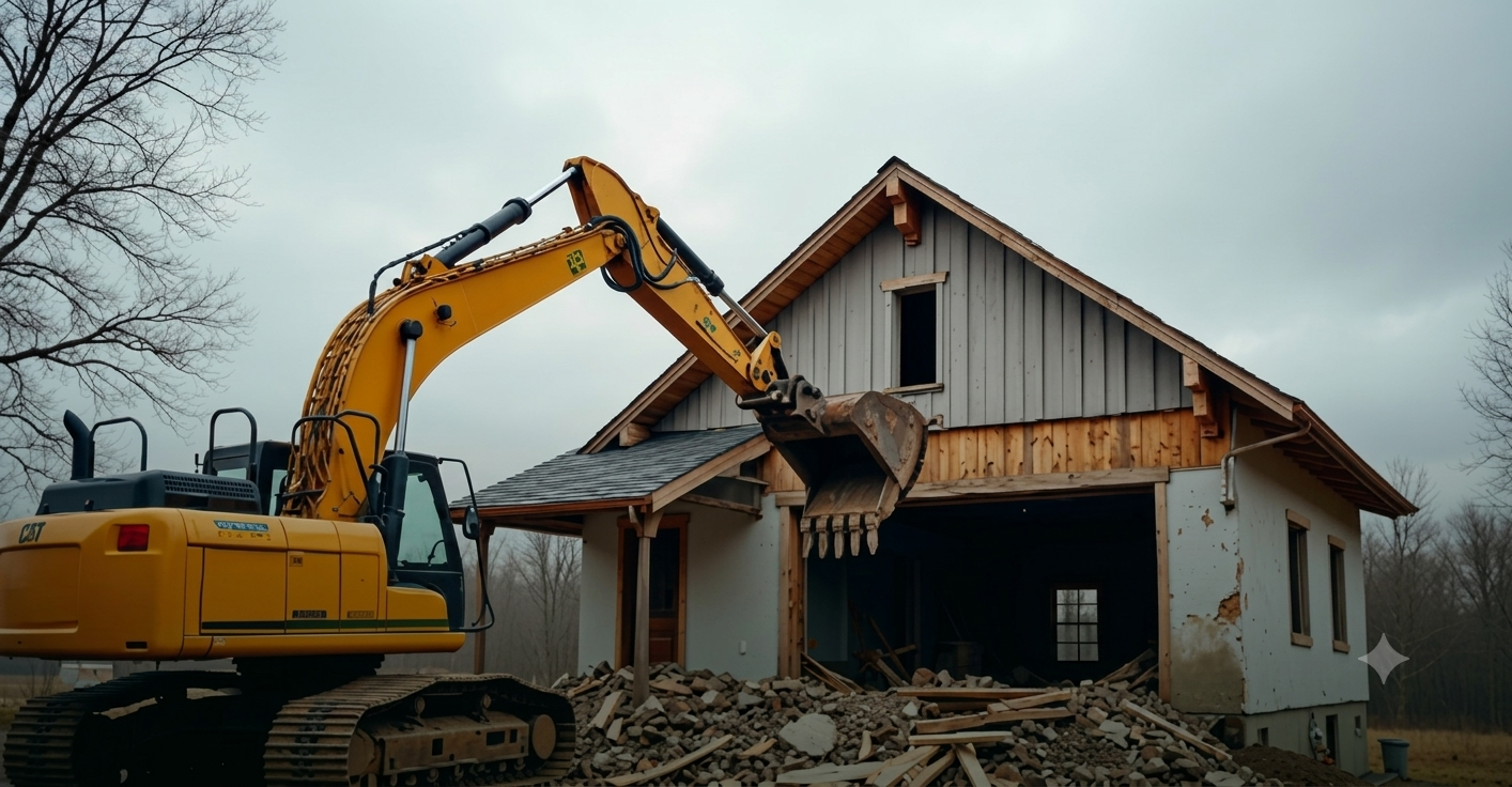 Excavator performing residential demolition