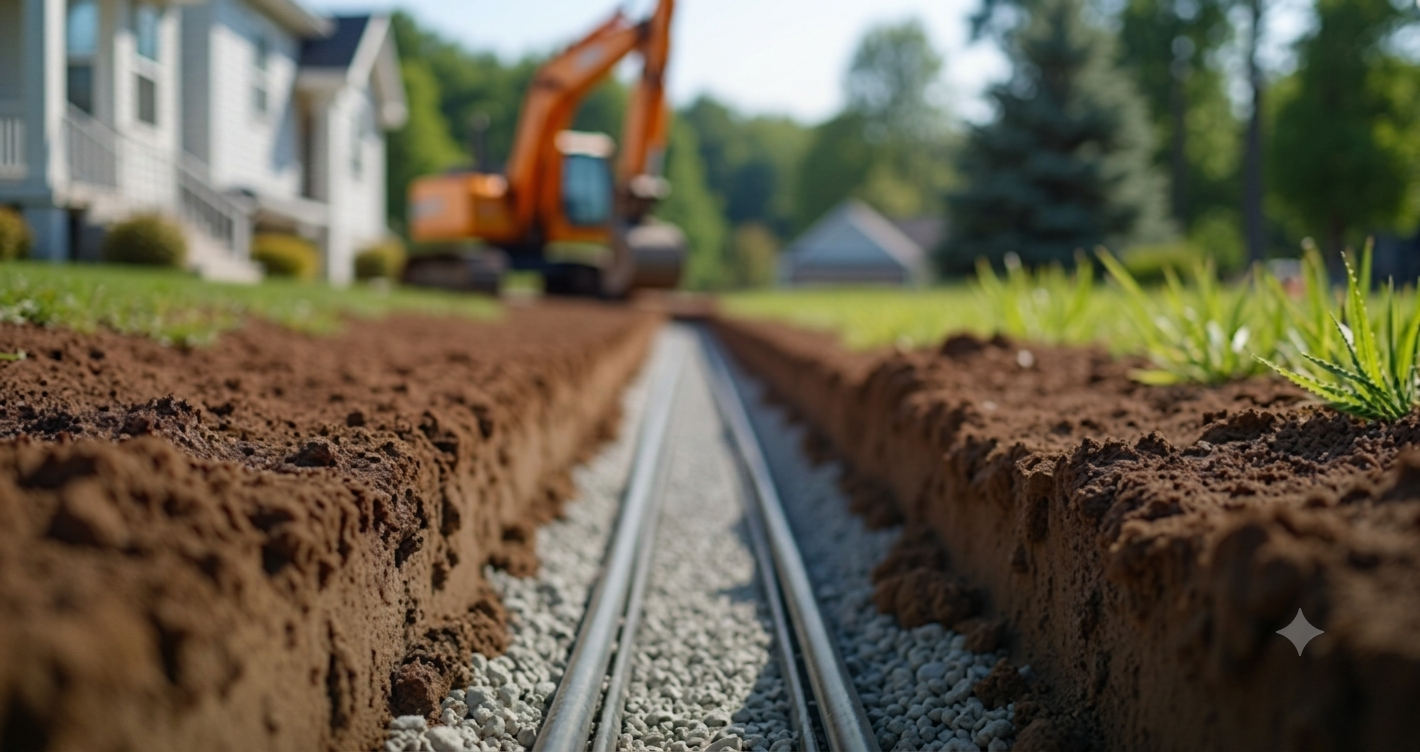 Drainage trench installation beside a residential property