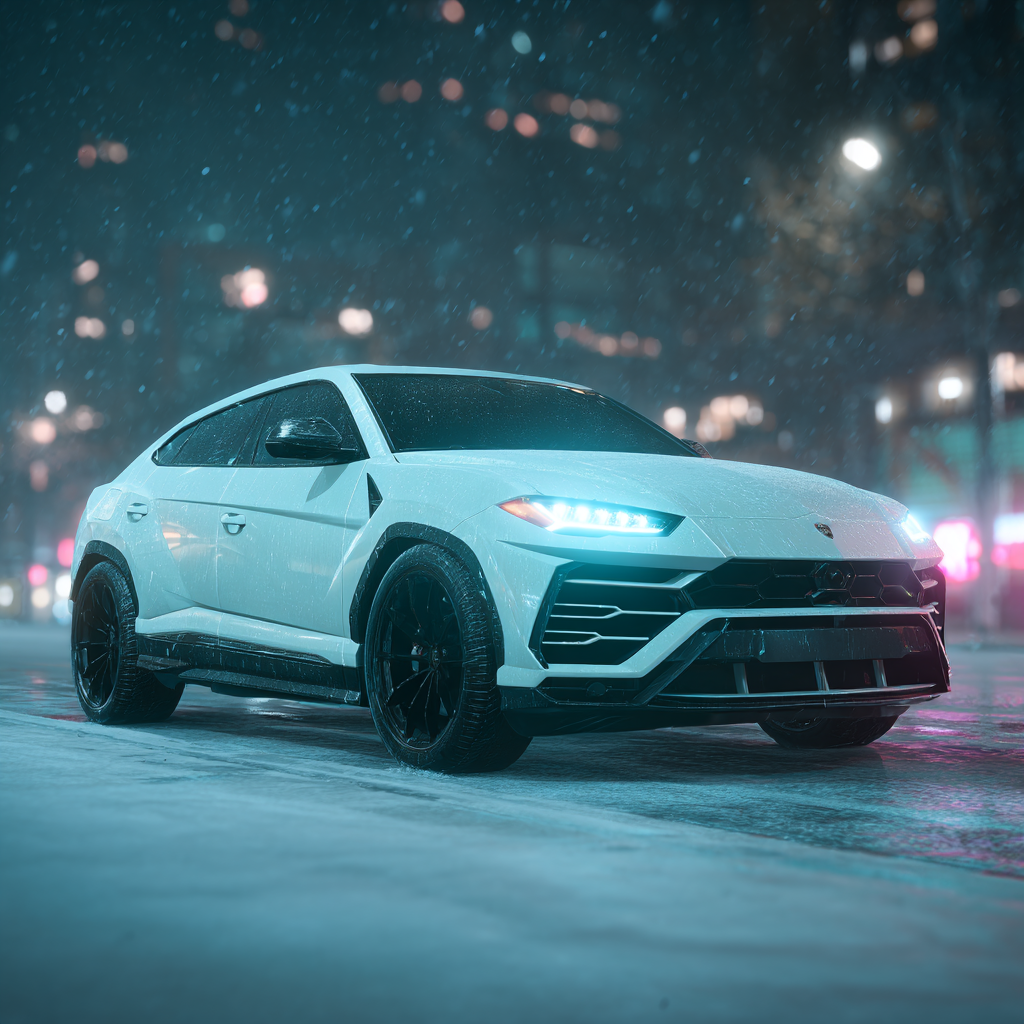 Red sports car driving on a city street at night.