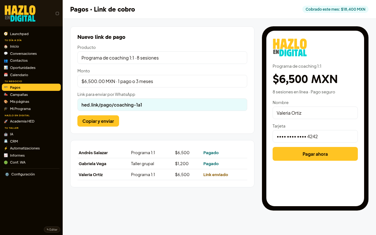 Link de pago y lista de cobros